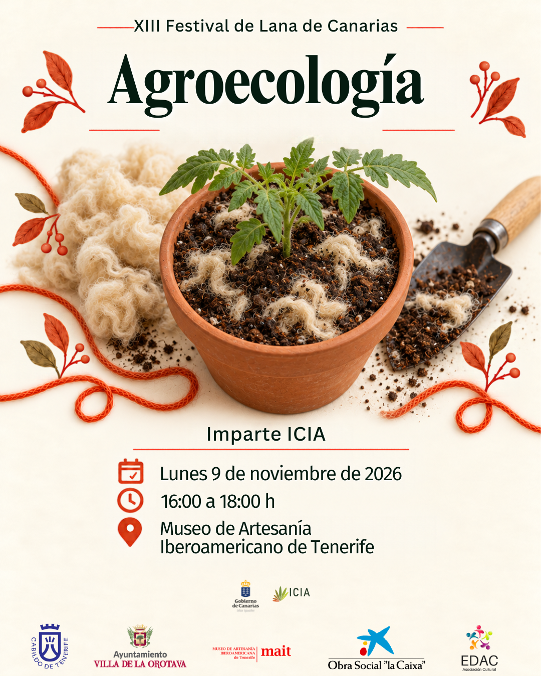 Cartel del taller de Agroecología, impartido por el ICIA, con los logotipos de las entidades colaboradoras.