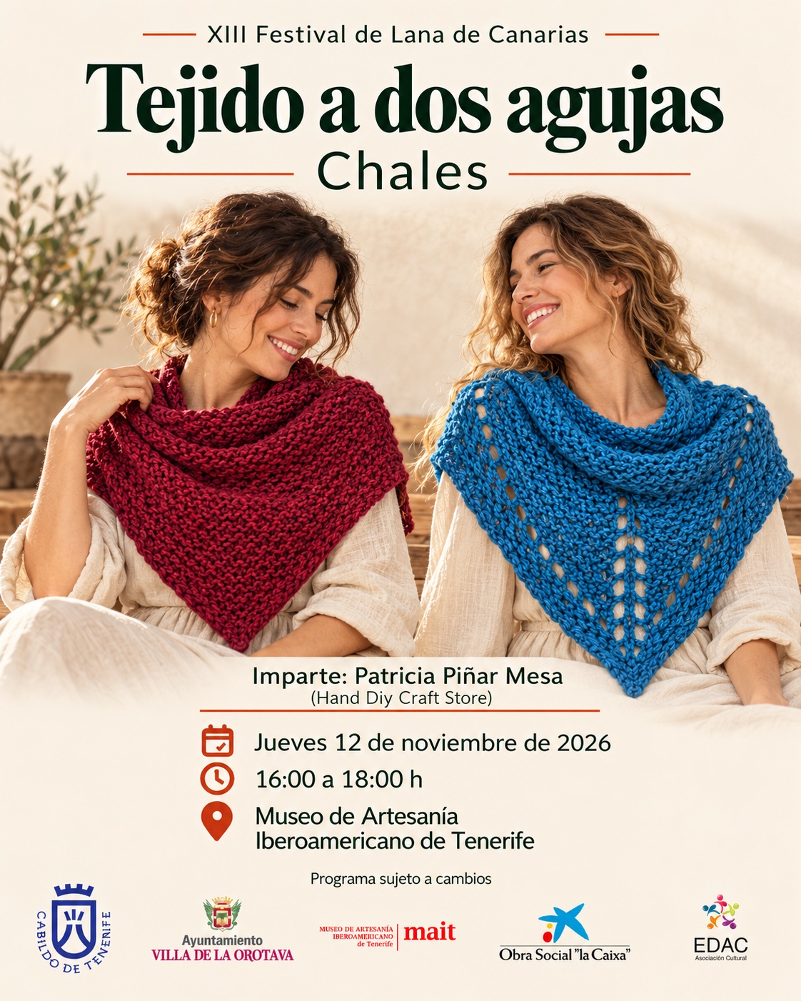 Composición ilustrativa de dos modelos con chales granate y azul para el taller de Patricia Piñar Mesa