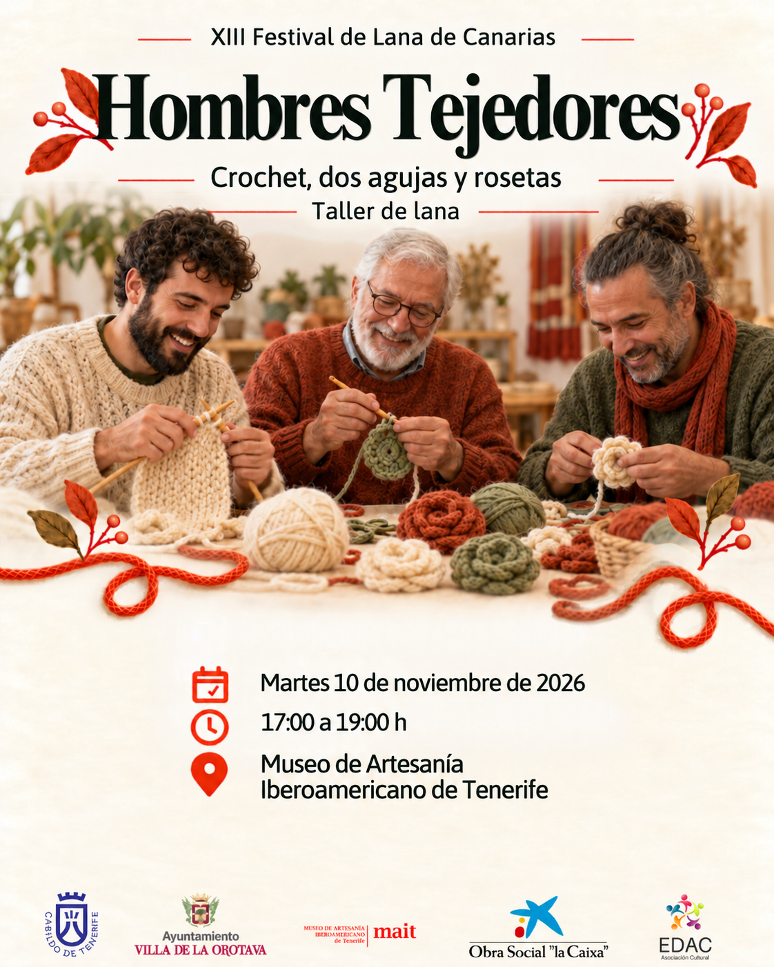 Cartel de Hombres Tejedores: martes 10 de noviembre de 2026, de 17:00 a 19:00 h, con los logotipos oficiales