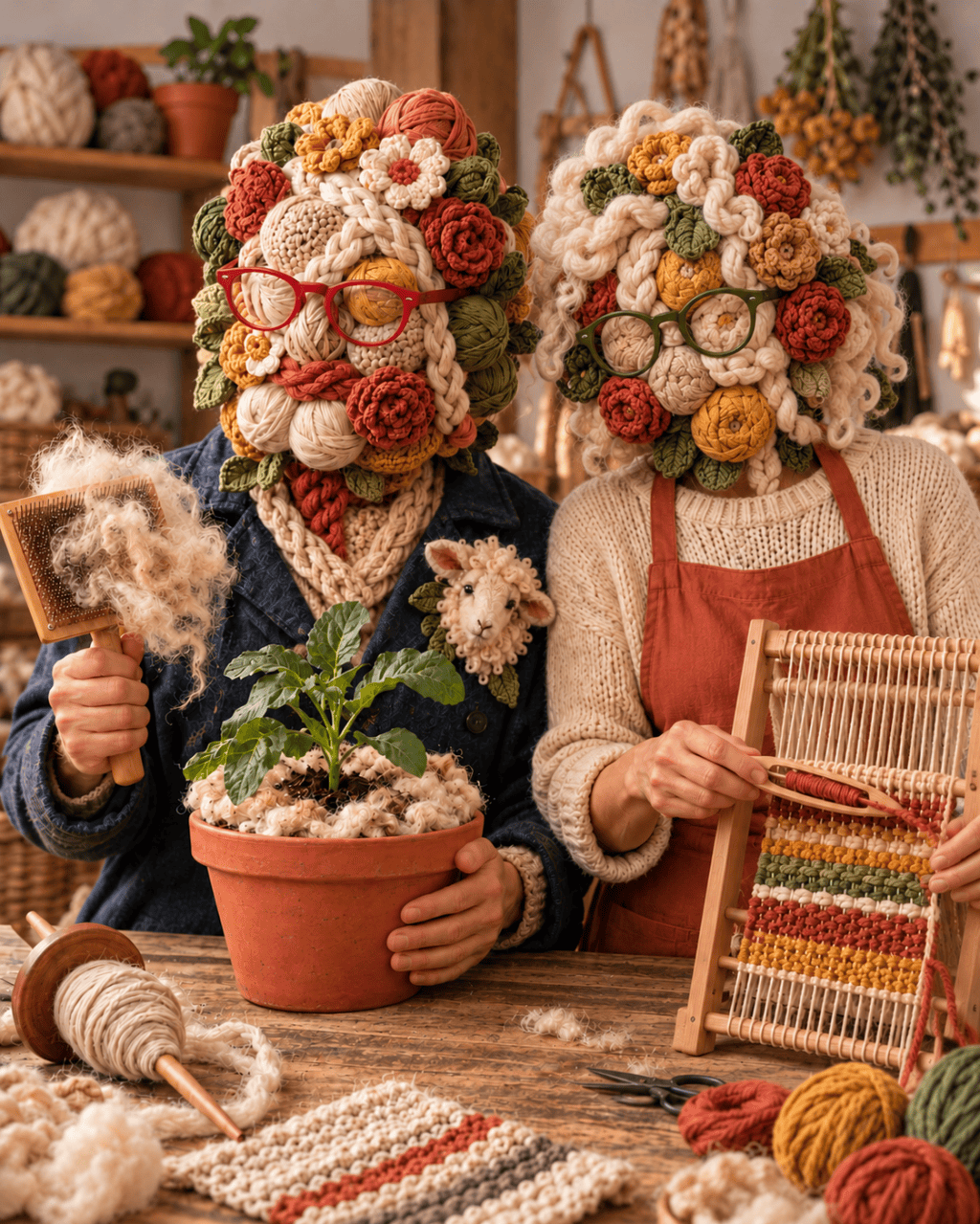 Dos personajes surrealistas con cabezas de lana, un telar y una planta con acolchado de lana en un taller artesanal.